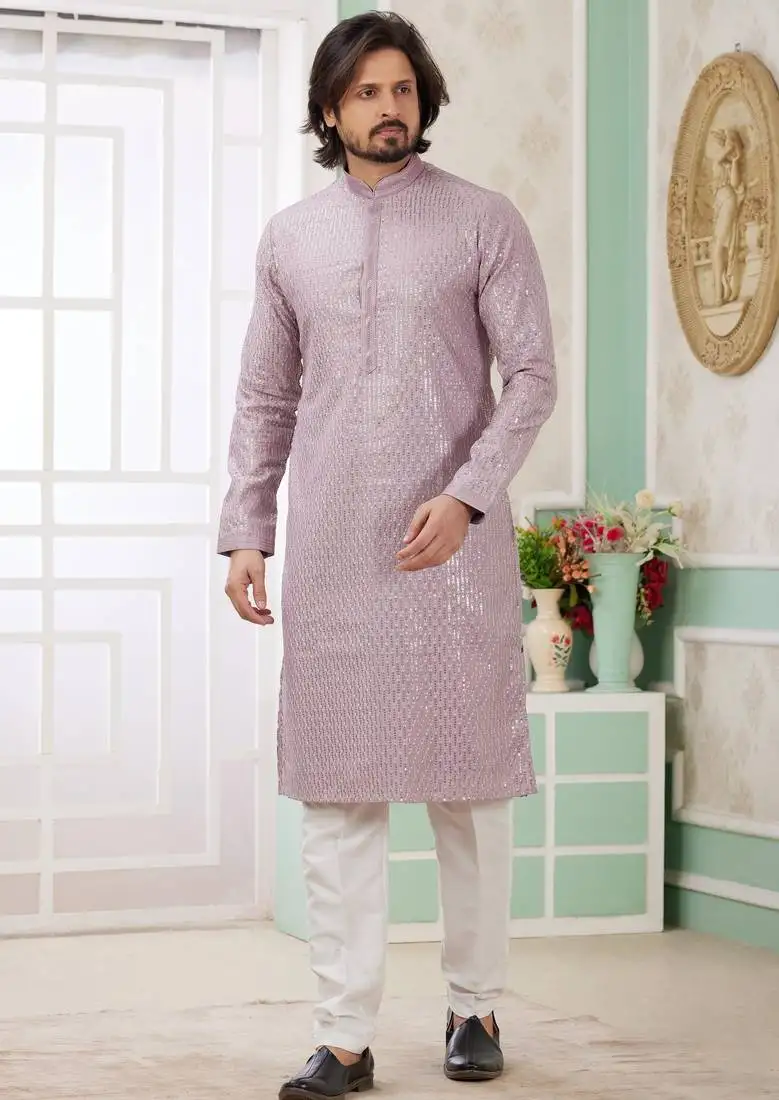 Men's purple straight kurta with embroidered art silk  and with lining