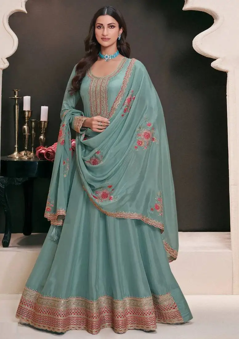 Sky embroidered art silk semi-anarkali suit semi stitched