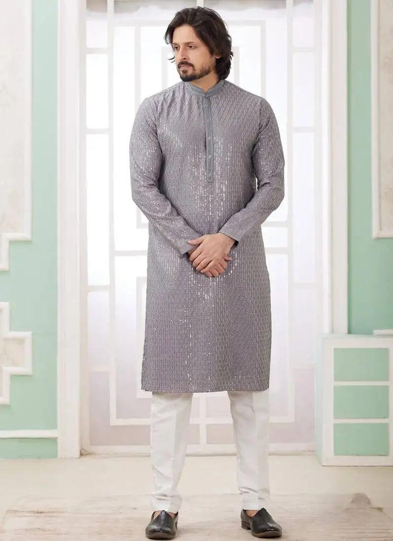 Men's grey straight kurta with embroidered art silk and with lining
