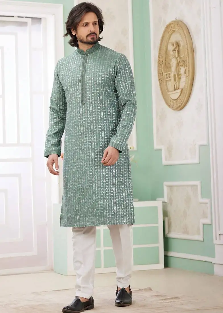 Men's green straight kurta with embroidered art silk and with lining