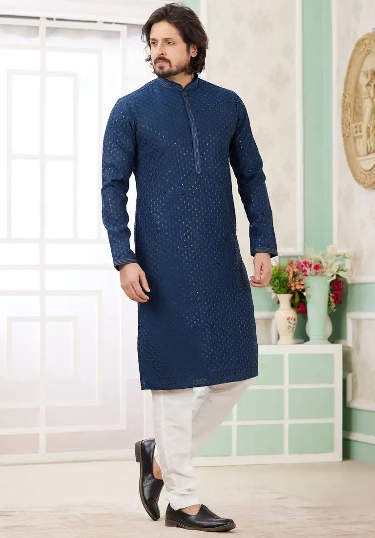 Men's teal blue straight kurta with embroidered art silk and with lining