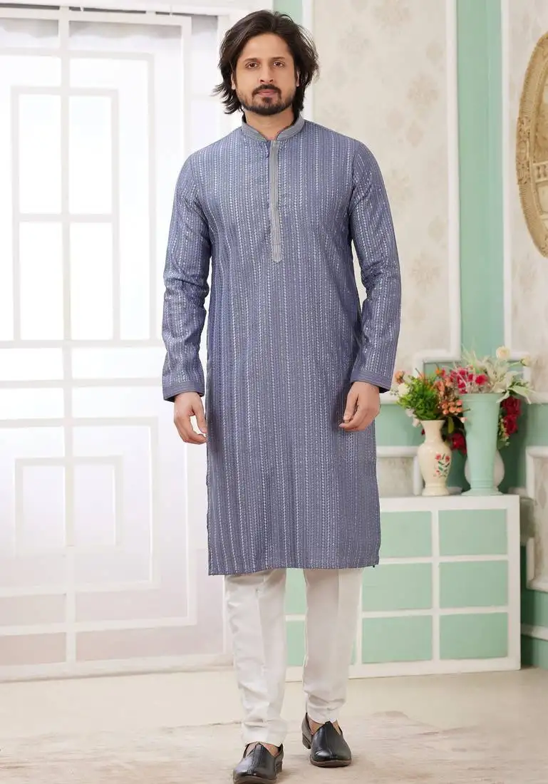 Men's blue straight kurta with embroidered art silk and with lining