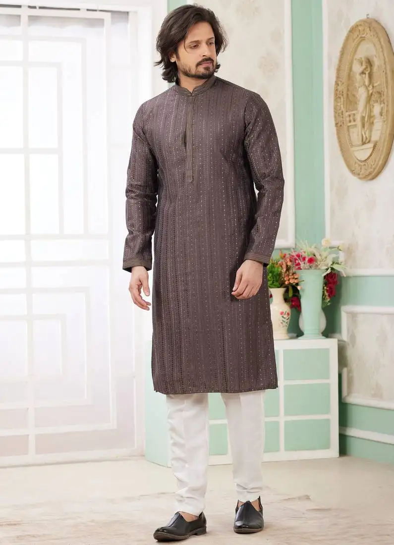 Men's brown straight kurta with embroidered art silk and with lining