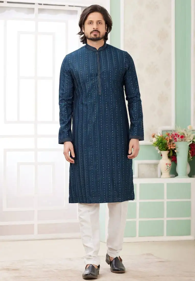 Men's teal green straight kurta with embroidered art silk and with lining