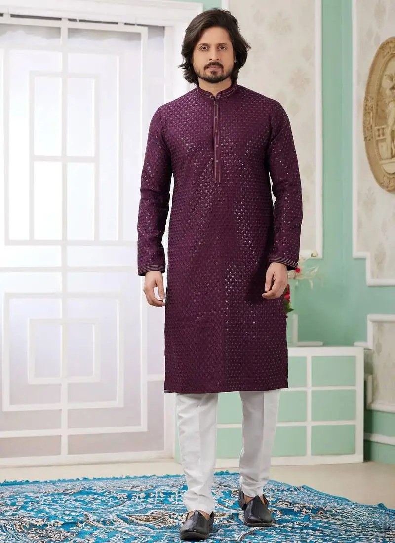 Men's wine straight kurta with embroidered art silk and with lining