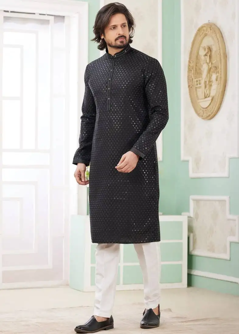 Men's black straight kurta with embroidered art silk and with lining