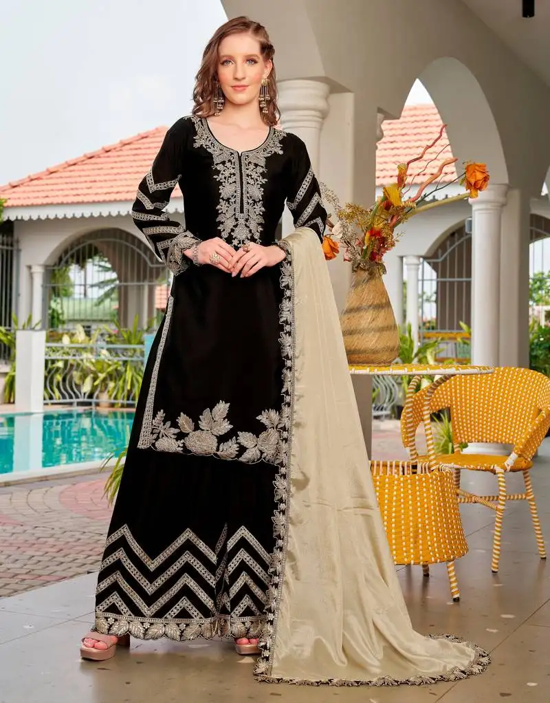 Black color chinon fabric designer embroidered free size stithed suit stitched