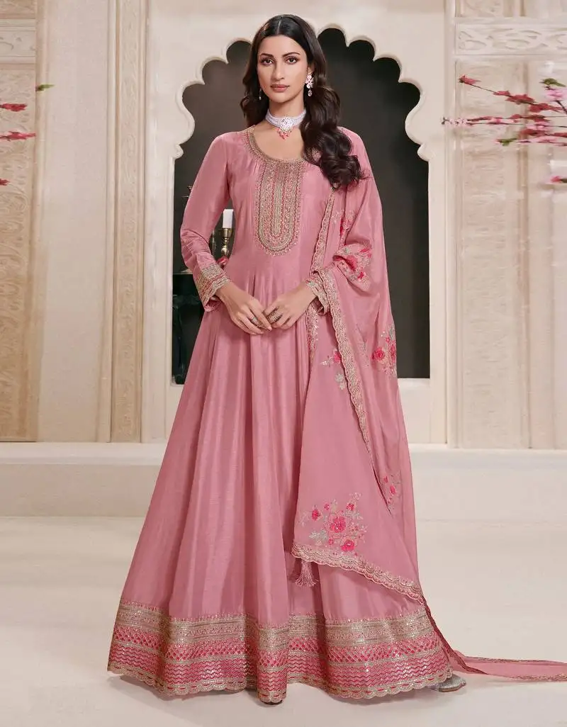 Pink embroidered art silk semi-anarkali suit semi stitched