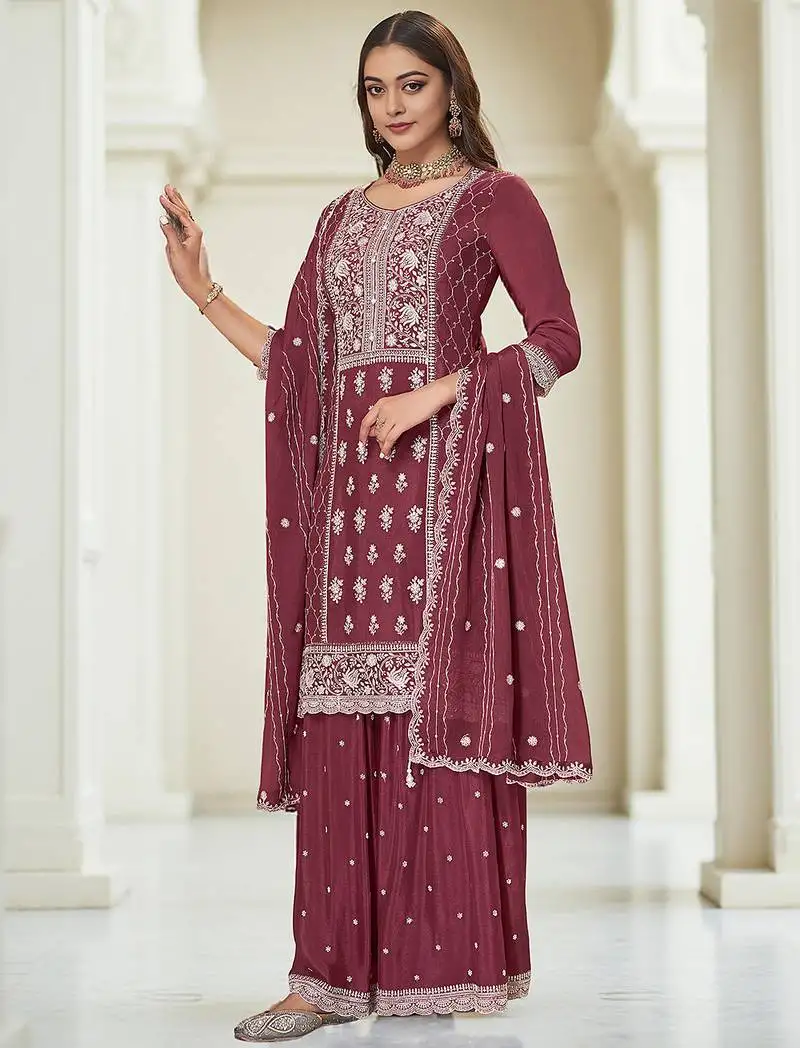 Wine color heavy embroidery work chinon fabric ethnic indian palazzo suit stitched
