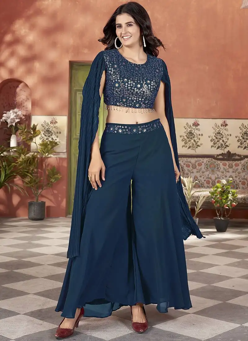 Teal blue color beautiful wedding special brides maid favorite ceremonial choli palazzo dress stitched