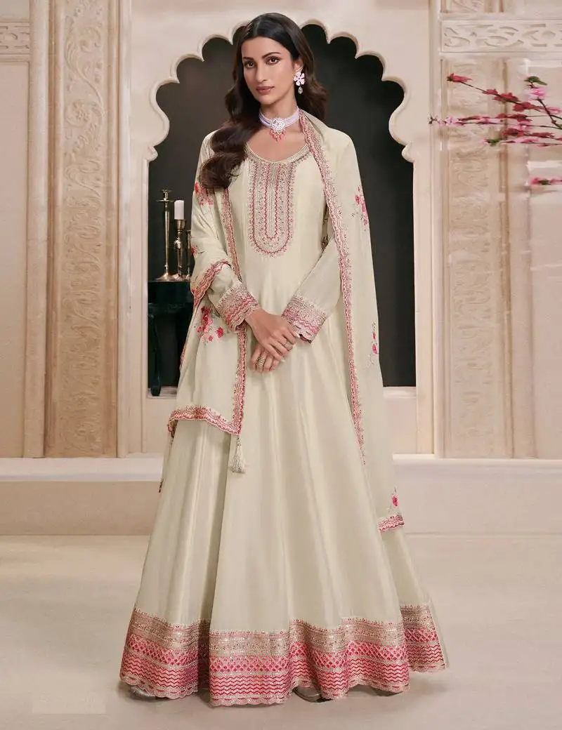 White embroidered art silk semi-anarkali suit semi stitched