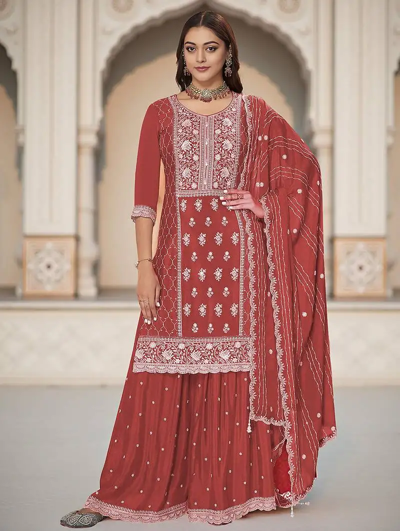 Rust color heavy embroidery work chinon fabric ethnic indian palazzo suit stitched