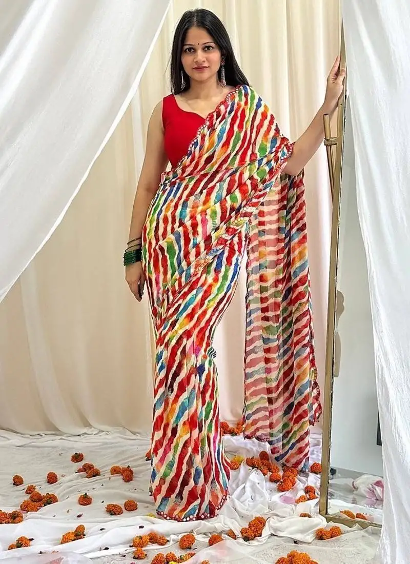 Multicolor chiffon saree in leheriya with scallop border mirror cut-work