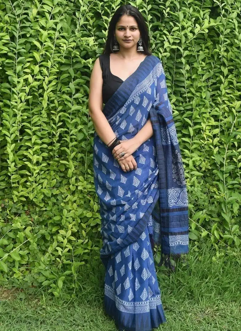 Blue hand block printed linen saree with stripe blouse