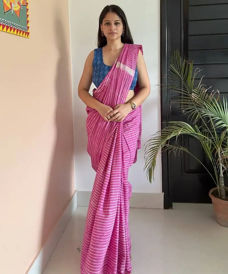 Pink hand block printed mul cotton saree with printed blouse