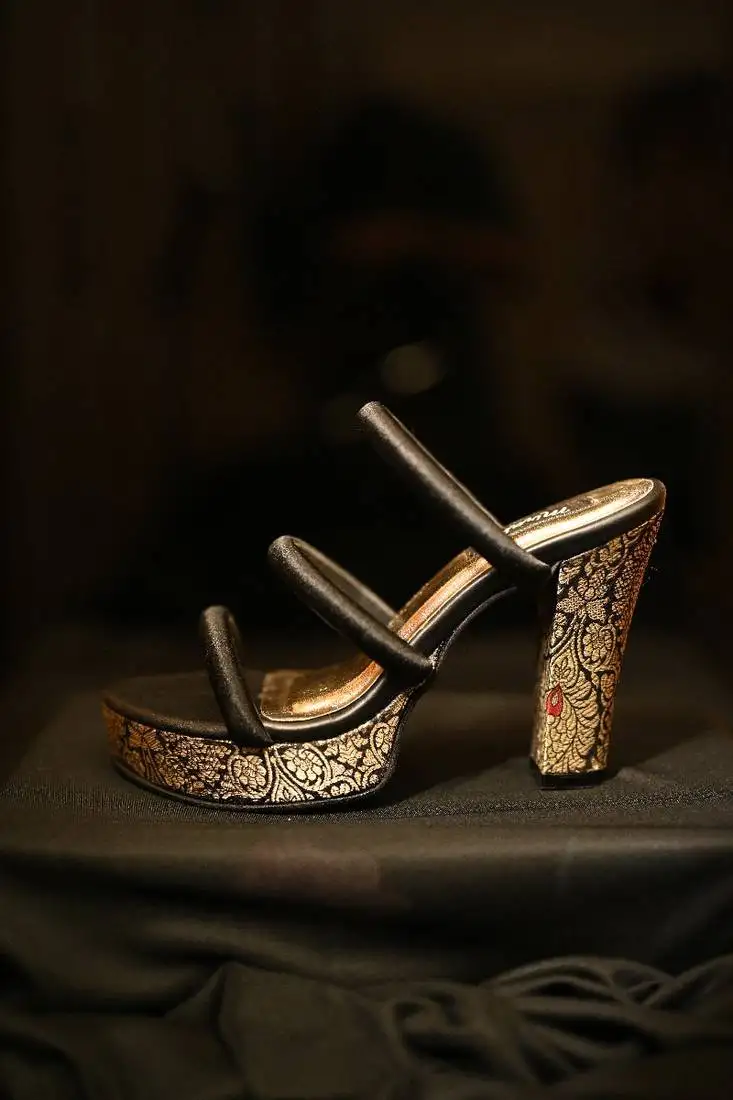 Black three strap heels with brocade platform and block heel