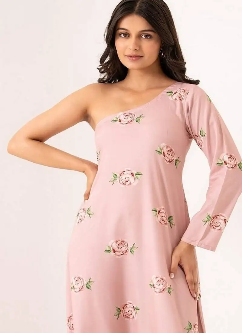 Pink polyester floral printed one shoulder jumpsuit