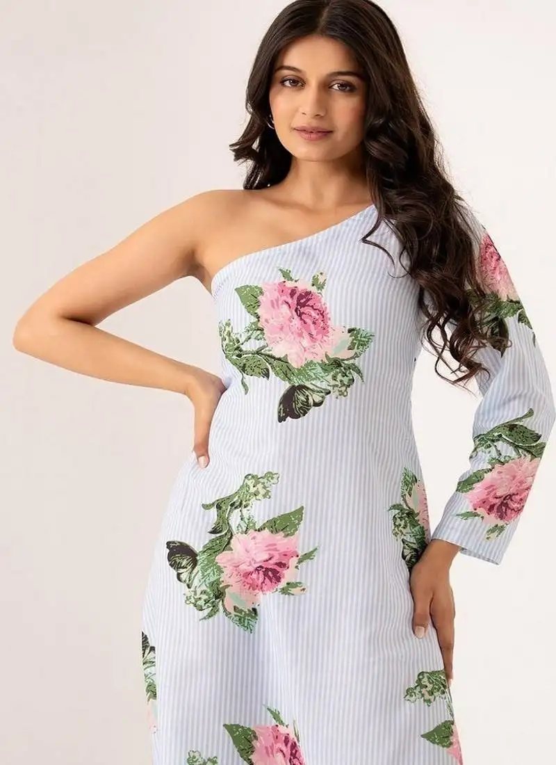 White cotton rayon floral printed one shoulder jumpsuit