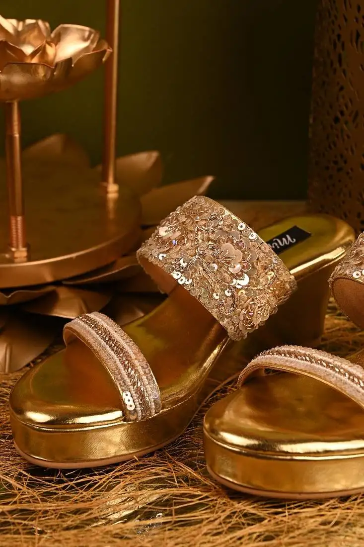 Gold dual strap handwork wedges