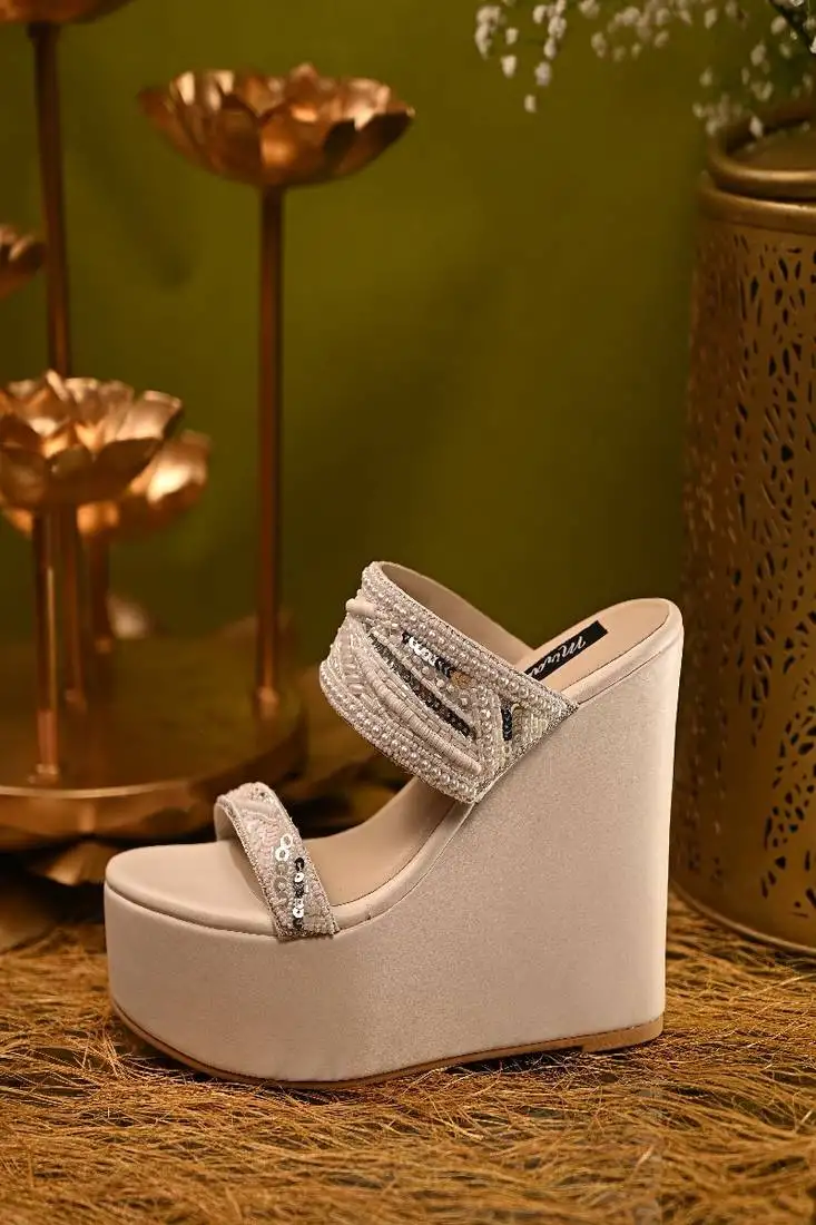 White dual strap handwork wedges