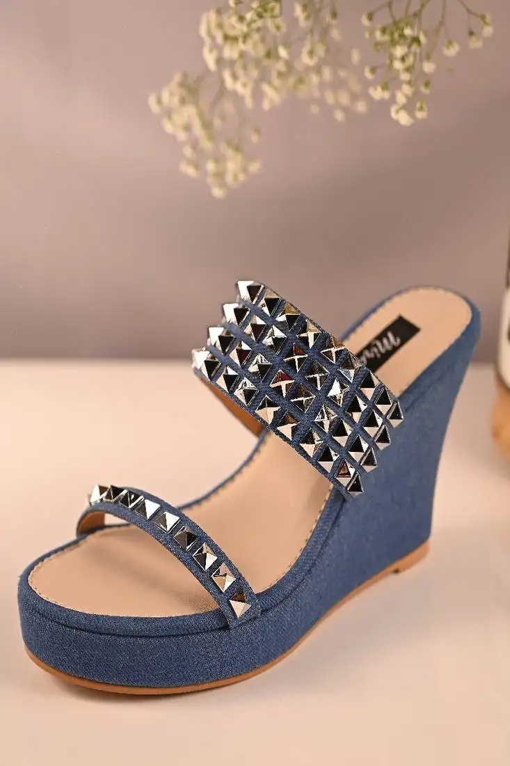 Denim studded wedges