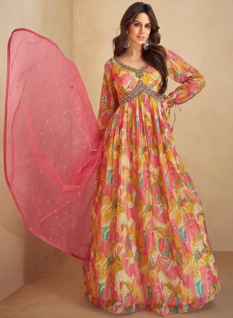 Multicolor embroidery handwork & print work chinnon gown suit - full stitched suit