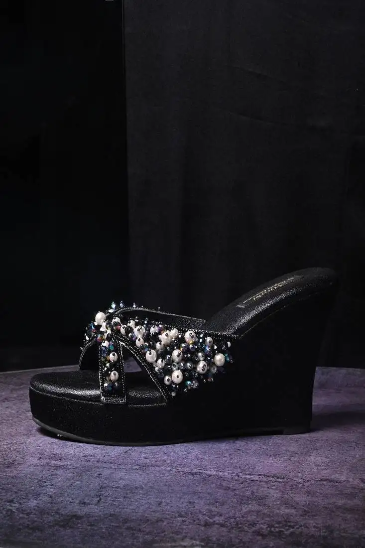 Black handwork wedges with beads and pearls