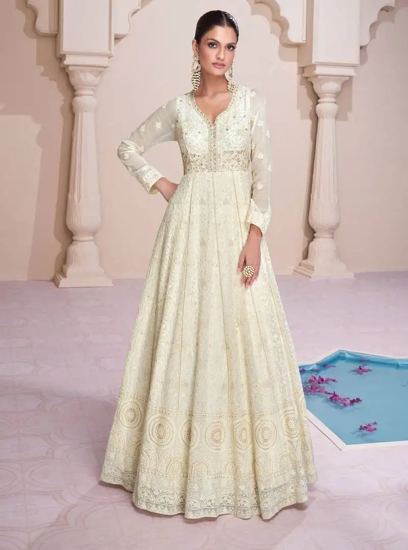 Off white embroidery & sequins work georgette gown suit - full stitched suit