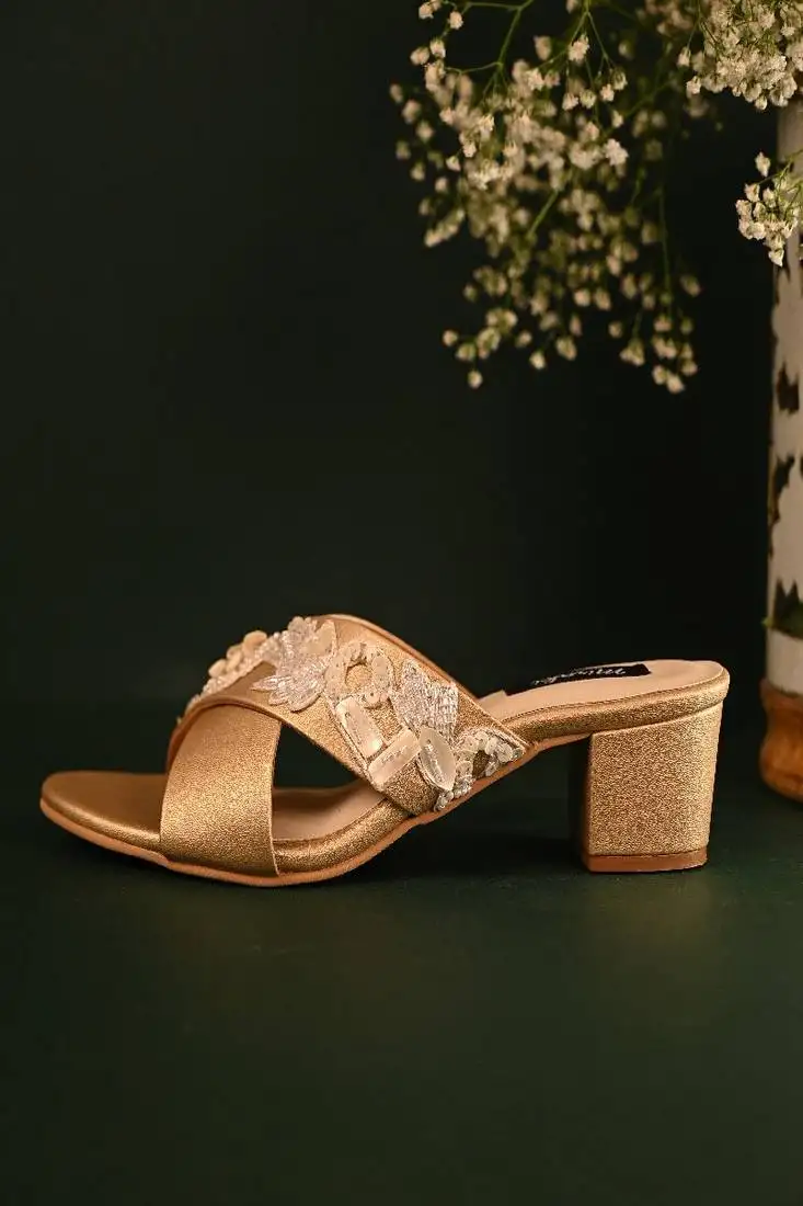 Gold criss cross strap block heels with schell and pearl handwork