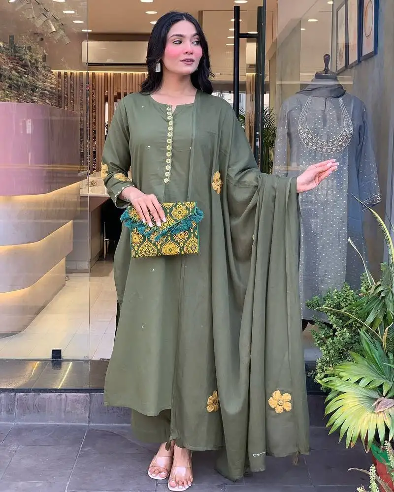 Dark green embroidery aline chanderi kurta set with chanderi dupatta for women
