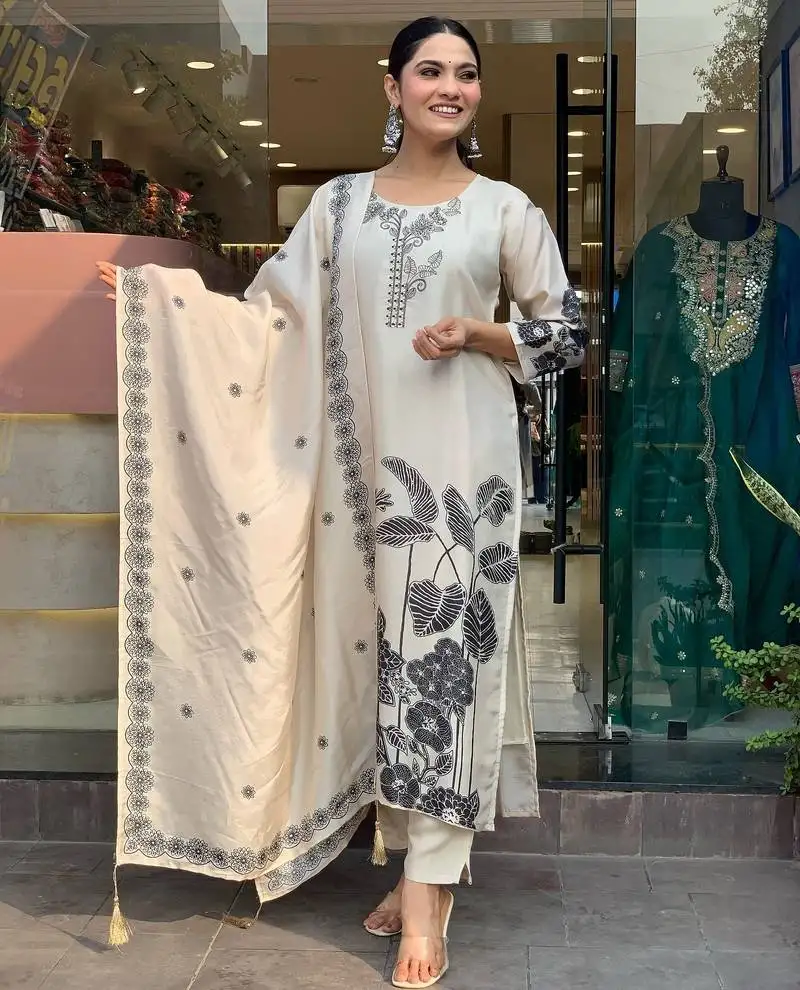 Cream floral printed chinon aline straight kurta set with printed chinon dupatta