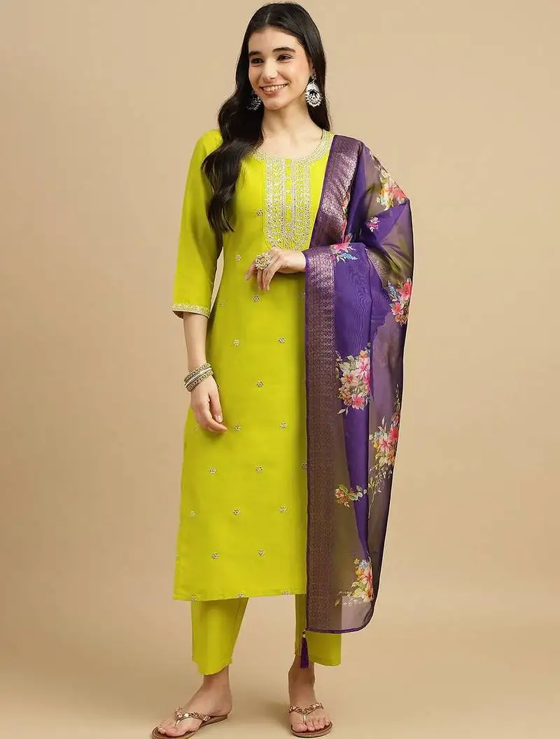 Lime sequence embroidery chinon round neck kurta set for women with printed organza dupatta