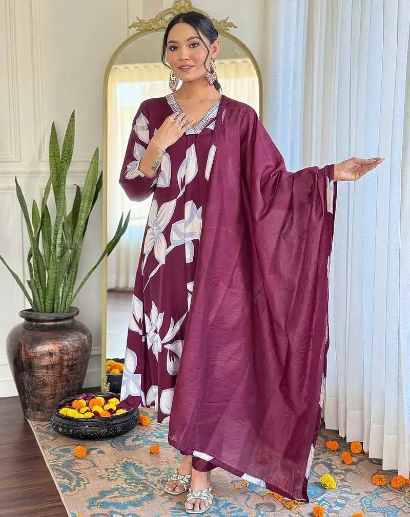 Purple sequence floral embroidery french creape printed kurta set with chanderi dupatta for women