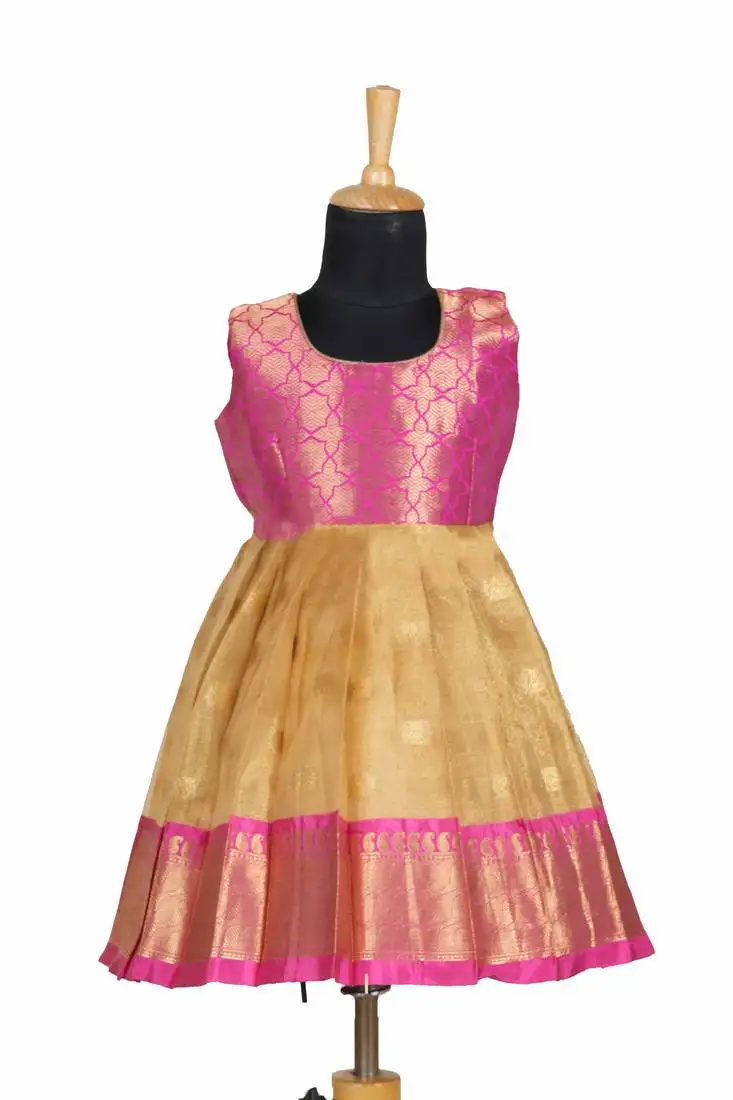 Girls pink golden mountain pattu pavadai frocks