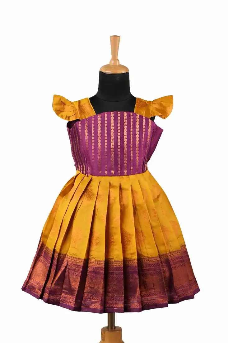 Mustard yellow copper pendant baby pattu pavadai frocks