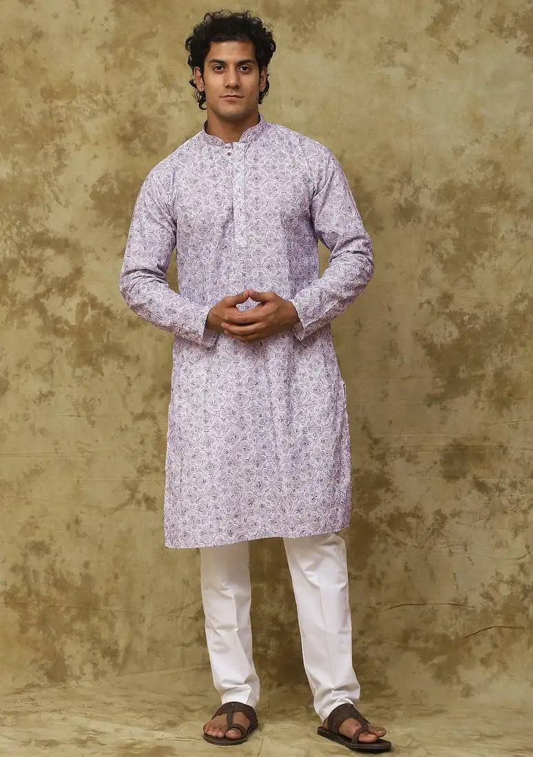 Purple cotton embroidered kurta set for men