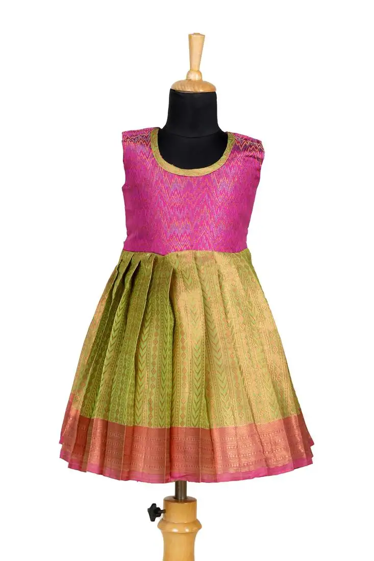 Green pastel maize pattu pavadai frocks for kids