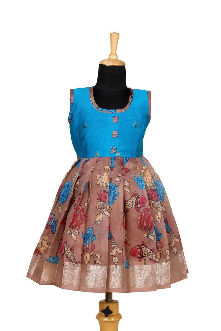 Brown kalamkari fish pattu pavadai frocks for girls