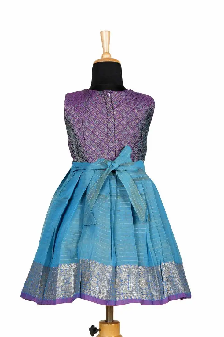 Blue golden tiles pattu pavadai frocks for girls