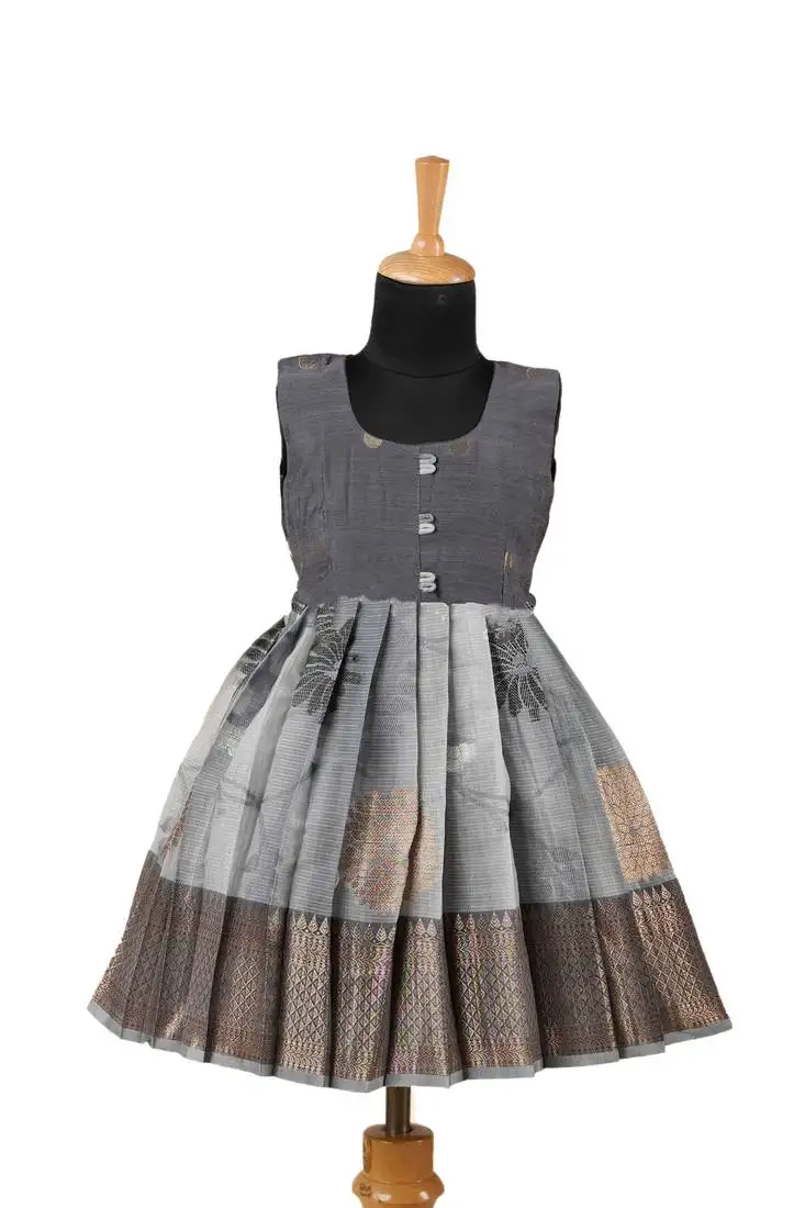 Grey jangala motif pattu pavadai frocks for girls