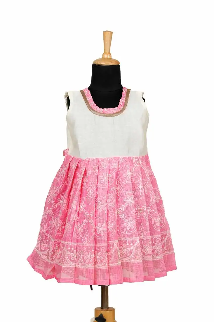 Pink kota creeper pattu pavadai frocks for girls