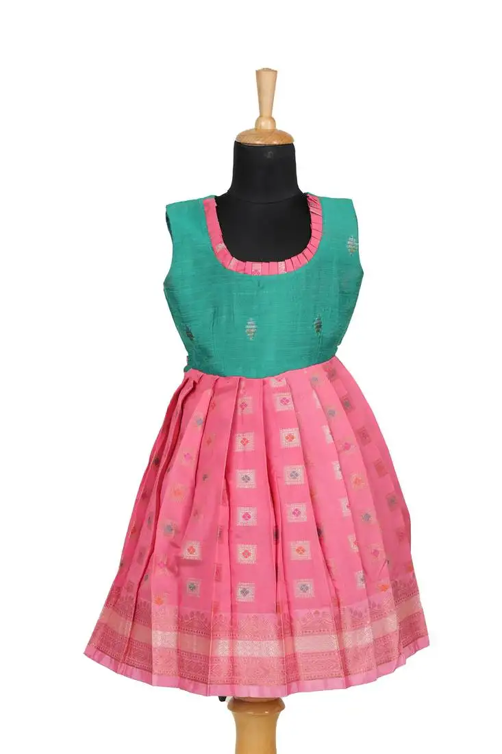 Girls peach copper athangudi pattu pavadai frocks