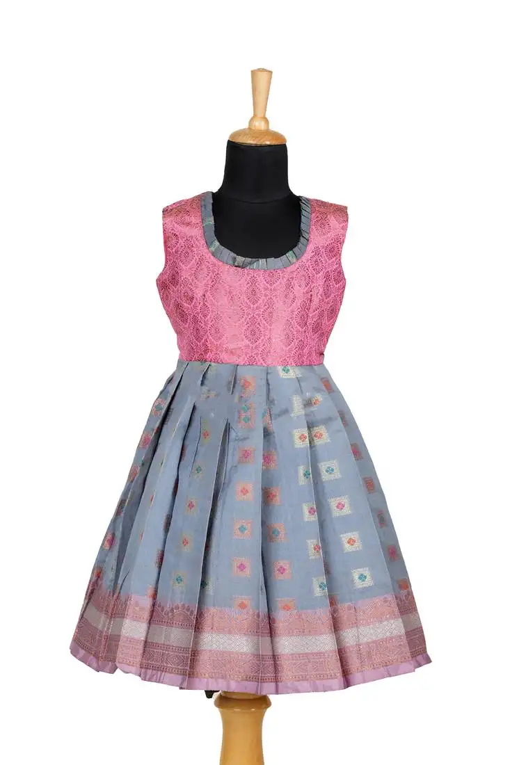Girls grey copper athangudi pattu pavadai frocks