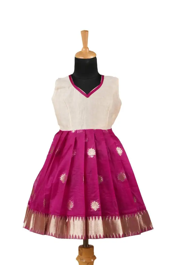 Girls magenta organza temple pattu pavadai frocks