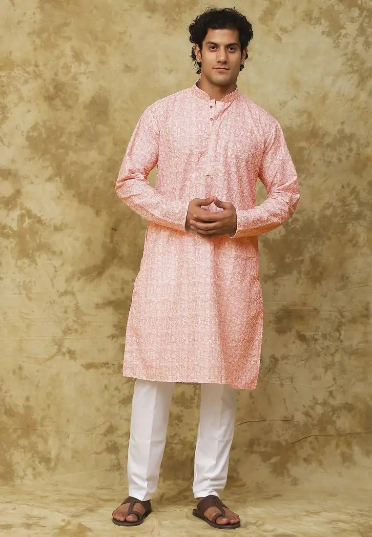 Pink cotton embroidered kurta set for men