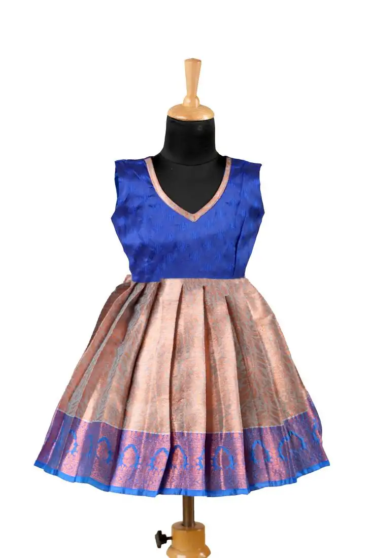 Blue golden croton pattu pavadai frocks for kids
