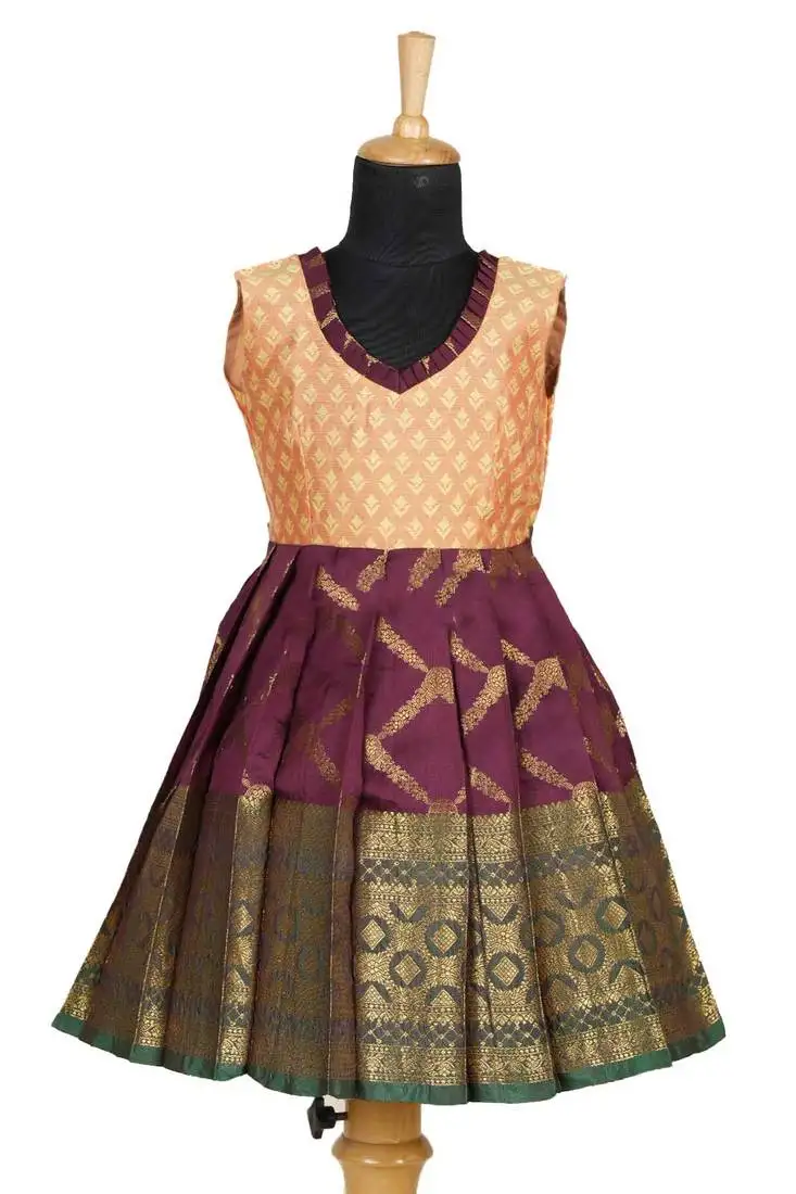 Maroon golden vector green pattu pavadai frocks for kids