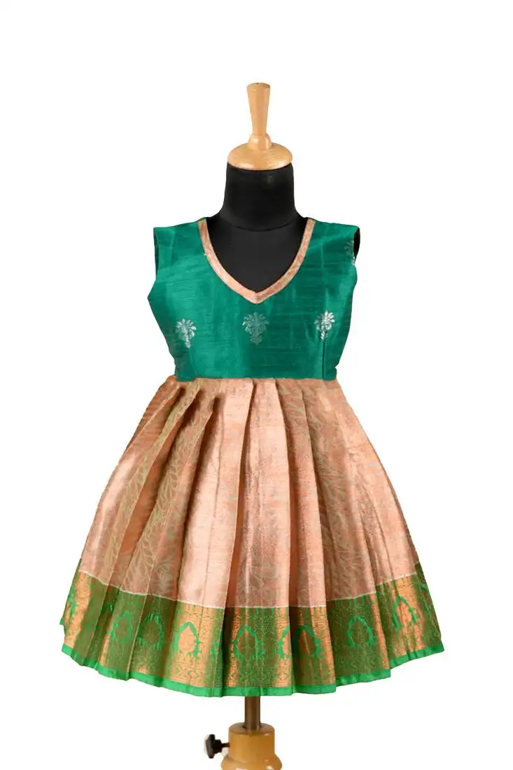Green golden croton pattu pavadai frocks for kids