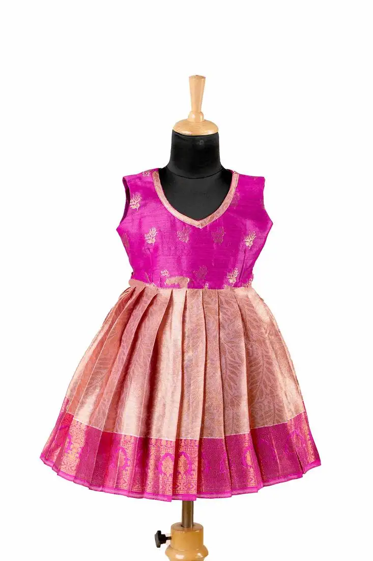 Pink golden croton pattu pavadai frocks for kids
