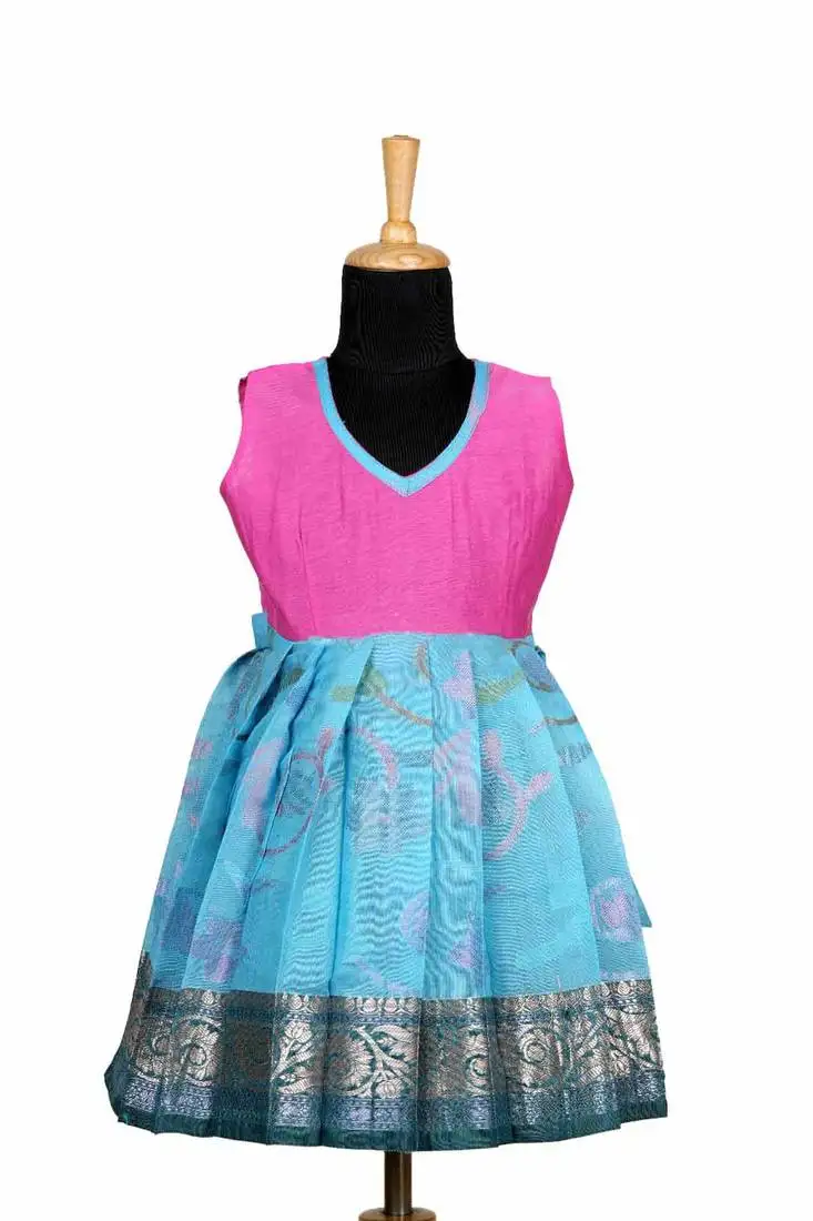 Girls blue chanderi floral pattu pavadai frocks